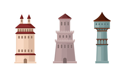 Medieval Castle Tall Tower or Turret Made of Stone Vector Set