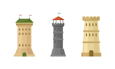 Medieval Castle Tall Tower or Turret Made of Stone Vector Set