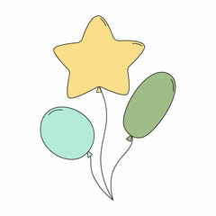 Color balloons in doodle style. Star shaped balloon. Vector illustration isolated on white background. Decoration for birthday, wedding, graduation or bachelorette