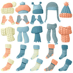 A set of winter things. A collection of warm clothes. Knitted hats, scarves, socks.