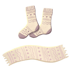 Winter warm clothes on a white background. Knitted scarf and socks.