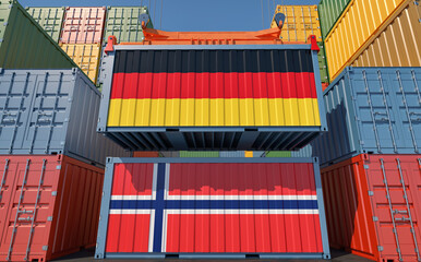 Obraz premium Freight containers with German and Norway national flags. 3D Rendering 