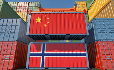 Freight containers with China and Norway national flags. 3D Rendering 