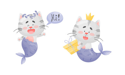 Grey Cat Mermaid with Fish Tail and Floral Wreath Greeting and Holding Gift Box Vector Set