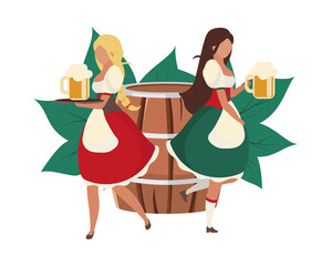 Oktoberfest beer maids flat concept vector illustration. Bavarian girls wearing dirndl costumes isolated 2D cartoon characters on white for web design. German traditional fashion creative idea