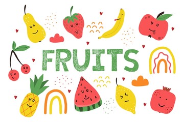 Children's hand-drawn set of fruit icons. Bright icons of fruits in kawaii style. Suitable for prints, cards, posters.