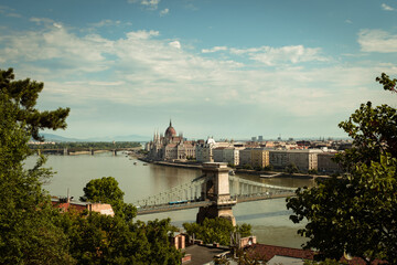 View of Chain Bridge, Hungarian Parliament and Danube River form Buda Castle