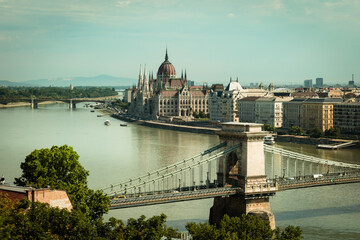 Fototapeta premium View of Chain Bridge, Hungarian Parliament and Danube River form Buda Castle
