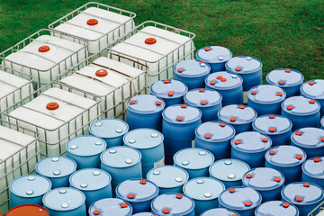 Top view methanol tank white and blue or chemical drums stacked up
