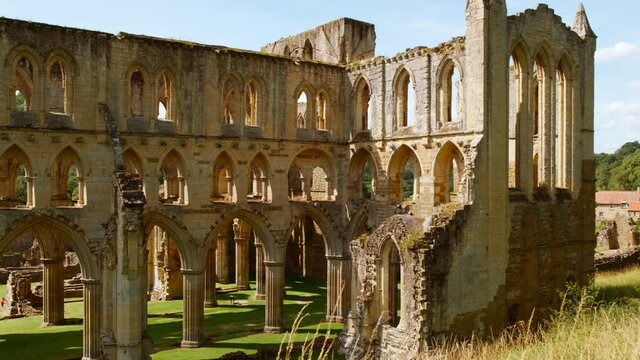 Cinematic view of the stunning Rievaulx Abbey in the North York Moors National Park, North Yorkshire, England, UK, dating back to 1132