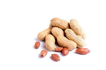Peeled peanuts and peanut pod isolated on white background.