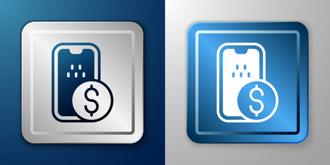 White Mobile banking icon isolated on blue and grey background. Transfer money through mobile banking on the mobile phone screen. Silver and blue square button. Vector