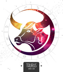 Modern magic witchcraft card with astrology Taurus zodiac sign. Bull head silhouette with outer space inside