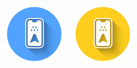 White Infographic of city map navigation icon isolated with long shadow background. Mobile App Interface concept design. Geolacation concept. Circle button. Vector