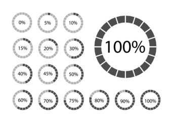 Circle percentage diagrams set for infographics. Black thin outline graphics isolated on a white background. Circle divided by percentages of 5