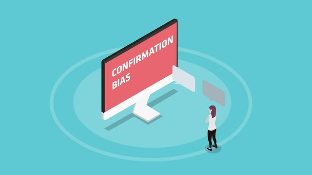 Woman look at confirmation bias text on monitor