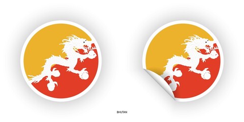 Bhutan flag icon in circle and circular shape with peel off on white background.