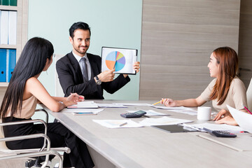 Manager and his team having meeting at meeting room in office.