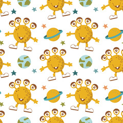 Obraz premium Seamless pattern of alien cute monsters and various planets and galactic stars. Vector flat illustration