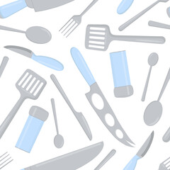 Seamless pattern of food cutlery and kitchen tools.