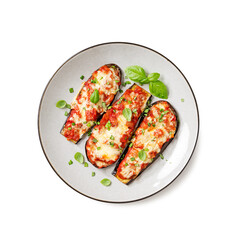 Baked eggplant with mozzarella cheese, chopped tomatoes and fresh basil leaves. Vegetarian food recipe. Isolated on white background.	 top view