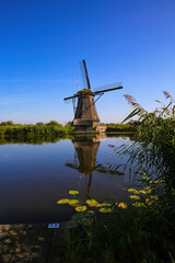 View on dutch water canal with reflection of one old windmill against deep blue cloudless summer sky in rural countryside - Kinderdijk, Netherlands