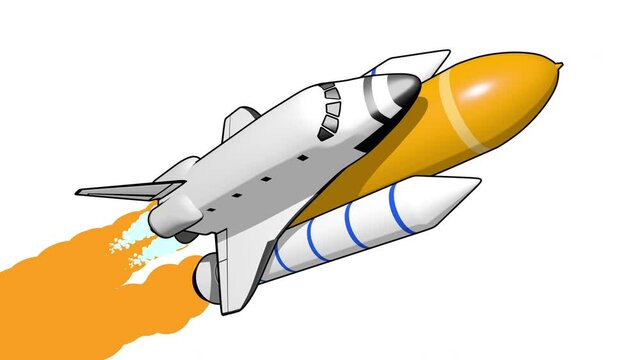 Animation of flat style spaceship rocket flying white background