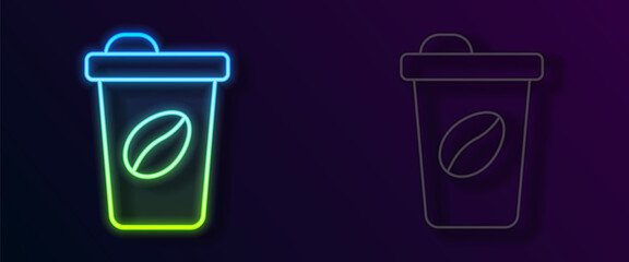 Glowing neon line Coffee cup to go icon isolated on black background. Vector