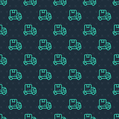 Green line Delivery cargo truck vehicle icon isolated seamless pattern on blue background. Vector
