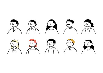 Doodle set of avatar office workers, cheerful people, hand-drawn icon style, character design, vector illustration.