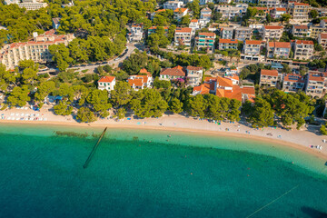 Aerial view of Gradac town below Biokovo mountain, the Adriatic Sea, Croatia