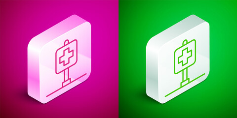 Isometric line Medical map pointer with cross hospital icon isolated on pink and green background. Silver square button. Vector