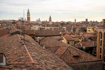 Fototapeta na wymiar Aerial panoramic view of red roofs of Venice, sights of the old city of Venice, 