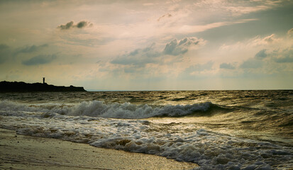Morning at sea. Sea and coast, waves, beautiful seascape.