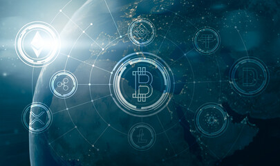 Cryptocurrency world blue modern background concept, top digital coin currency blockchain holding, online financial cash for exchange, futuristic future money transaction communication transfer.