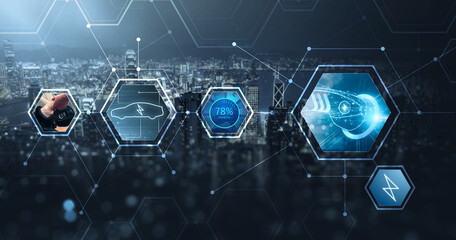 Electric car charging power photo collection concept, eco environmentally friendly renewable energy charging resources, fueling charger plugging into car battery powered, modern city background.