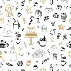 Cute doodle food background. Seamless pattern with sweet food, desserts and coffee. Christmas food pattern