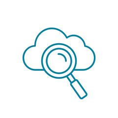Search cloud line icon. Mignifying glass and cloud. Searching online database concept. Big data framework. Online storage technology. Data analytics. Finding results. Vector illustration, clip art. 