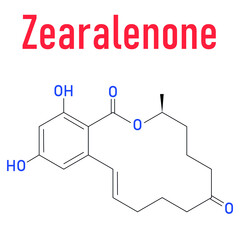 Zearalenone (ZEN) mycotoxin molecule skeletal formula. Produced by some Fusarium and Gibberella species.
