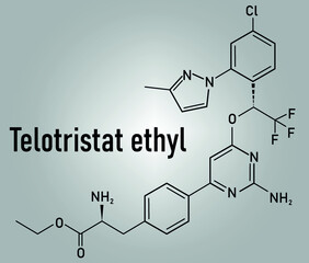 Telotristat ethyl drug molecule (tryptophan hydroxylase inhibitor) skeletal formula.