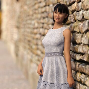 Asian woman posing. Person is not real. She is a 3D render thus no model release is needed.