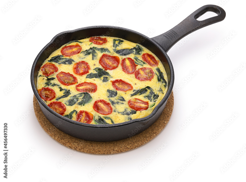 Wall mural spinach tomato frittata, italian food isolated on white background