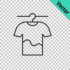 Black line Drying clothes icon isolated on transparent background. Clean shirt. Wash clothes on a rope with clothespins. Clothing care and tidiness. Vector