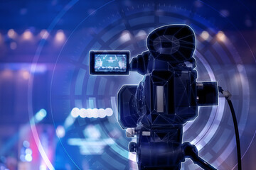 Tv OB camera in a concert or conference hall.Video cameras operator working with his equipment,...