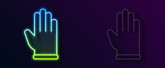 Glowing neon line Rubber gloves icon isolated on black background. Latex hand protection sign. Housework cleaning equipment symbol. Vector