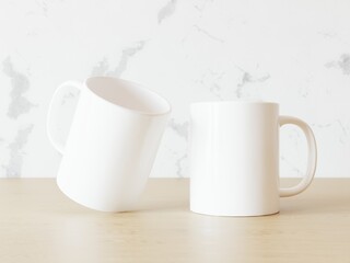 Pair of blank white mugs on wooden board against marble textured wall. Place for your content. 3D illustration.