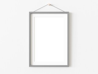 Single thin grey bordered picture frame hanging on white wall. Empty template for adding your content. 3D illustration.