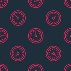 Red line Clock icon isolated seamless pattern on black background. Time symbol. Vector