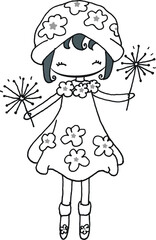 vector cartoon girl playing fire works