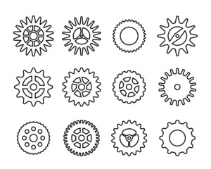 Black gear icon set. Cogwheel line style vector collection. Machine gears symbol